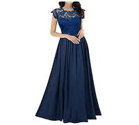 Nidddiv Wedding Guest Dresses for Women UK Lace Patchwork Long Dress Sleeveless Casual Dress Solid Color High Waist Maxi Dress Round Neck Swing Dress Elegant Maxi Dress Evening Dress Prom Gowns Navy