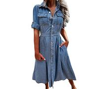 Nidddiv Women's Denim Washed Blue Short Sleeve Dress with Pocket Knee Length Button Spring Jean A Line Dress UK