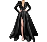 Nidddiv Womens Evening Dresses Black Cocktail Dress Side Slit Deep V Neck Ball Gowns Elegant Long Dressing Gown Long Sleeve Sequin Tops Swing Dress High Waist Sexy Formal Evening Gowns Party Dress