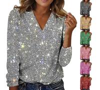 Nidddiv Women's Sequin Tunic Tops V Neck T Shirt Casual Solid Color Jumpers Long Sleeve T-Shirts Loose Ladies Blouses Sparkly Tunic Tops Glitter Tee Shirts Pullover Women UK Elegant Size S-XXL Red