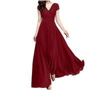 Nidddiv Women's V-Neck Elegant Dress Solid Color Short Sleeve Chiffon Maxi Dress High Waist Evening Gowns Ruffle Swing Dress Lightweight Cocktail Dresses for Women UK Womens A Line Prom Dresses Red
