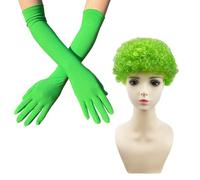 NIDHFG 1 Pair Of Green Long Gloves, 1 Piece Of Explosive Head Wig, Simple And Fashionable, Stage Performance Dress Gloves, Neon Party Clothing Accessories.
