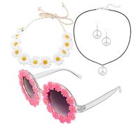 NIDHFG 1 Piece Daisy Sunglasses, 1 Piece Daisy Wreath, 1 Piece Peace Necklace And 1 Pair Of Peace Earrings, Party Clothing Accessories, Retro Style Accessories.
