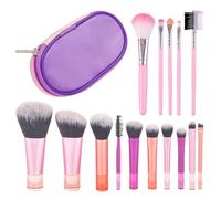 NIDHFG 10 Pieces Short-Handle Pink Nylon Makeup Brushes, 1 Purple Leather Storage Bag, 5 Long-Handle Pink Plastic Makeup Brushes, Portable Makeup Brush Set