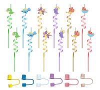 NIDHFG 12-Piece Dinosaur Straw And 6-Piece Silicone Straw Cover, Cute Creative Straw, Reusable Straw, Children'S Straw.