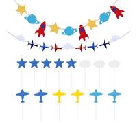 NIDHFG 2 Pieces Of Airplane Cloud Flag And 1 Set Of Airplane Cloud Card Inserts, Children'S Party Decorations, Aviation Themed Party Supplies.