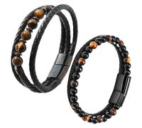 NIDHFG 2 Pieces of Tiger-Eye Stone Leather Bracelet, Retro and Fashionable, Classic Multi-Layer Bracelet for Men, Creative and Personalized, Suitable for Gifts for Men.