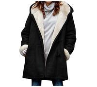 NIDIE Women's Fuzzy Fleece Pea Coat Plus Size Winter Warm Sherpa Lined Suede Leather Jackets Faux Fur Long Sleeve Thicken Hooded Parka Outerwear with Pockets, B- Black, XL