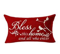 NIDITW Nice Gift Inspirational Words Bless This Home and All Who Enter Waist Lumbar Red Wine Cotton Linen Throw Pillow Case Cushion Cover for Sofa Home Decorative Oblong 12x20 Inches (Hh1)