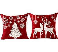 NIDITW Set of 2 Beautiful Christmas Trees Oh Deer Snowflake Cotton Burlap Decorative Square Throw Pillow Cover Pillowcase for Couch Living Room 18" (Dark Red)