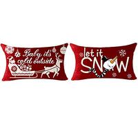 NIDITW Set of 2 Merry Christmas Snowflake Cotton Burlap Decorative Lumbar Waist Throw Pillow Case Cushion Cover for Couch Living Room 12x20 Inches (Beige and Red)