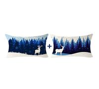 NIDITW Set of 2 Nice Blue Snow Scene Christmas Reindeer Cotton Burlap Decorative Rectangle Throw Lumbar Waist Pillow Case Cushion Cover for Couch Living Room 12x20 Inches (Blue Forest Deer)