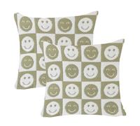 NIDITW Set of 2 Soft Smiling Face Checkerboard Throw Pillow Cover Microfiber Chessboard Gingham Square Cushion Case Cozy Fluffy Checkered Knit Pillowcase for Sofa Couch 18x18 Inches (Smiling Green)