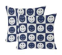 NIDITW Set of 2 Soft Smiling Face Checkerboard Throw Pillow Cover Microfiber Chessboard Gingham Square Cushion Case Cozy Fluffy Checkered Knit Pillowcase for Sofa Couch 18x18 Inches (Smiling Blue)