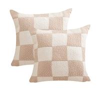 NIDITW Set of 2 Ultra Soft Khaki Checkerboard Throw Pillow Cover Microfiber Chessboard Gingham Cushion Case Cozy Fuzzy Checkered Pillowcase Decor for Home Sofa Couch 18x18 Inches (1-Khaki)