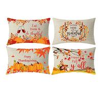 NIDITW Set of 4 Farmhouse Autumn Landscape Leaves Happy Fall Yall Thanksgiving Eat Drink and Be Thankful Gather Lumbar Burlap Throw Pillow Case Cushion Cover Living Room Decorative Rectangle 50x30cm…