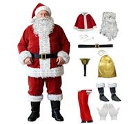 NIDONE 1 Set Santa Costume for Men 10Pcs Professional Christmas Clause Costume, Velvet Santa Red Outfit for Xmas Party, Cosplay, M