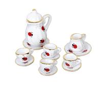 NIDONE 15Pcs 1/12 Doll House Miniature Dining Ware Porcelain Tea Set Dish Cup Plate Ladybug Print
