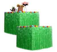 NIDONE 2Pcs Hawaiian Table Skirt 109x30in Floral-Adorned Reusable Raffia Fringe Grass Table Skirt Hawaiian Decor for Tropical Tiki-Themed Birthday Party, Tiki Bar (Green)