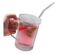 NIDONE 390ML Ribbed Glassware,Clear Glass Coffee Mug with Lid and Straw, Vertical Tea Mug Cup, Reusable Iced Coffee Glass Cups for Juice, Beer, Whiskey
