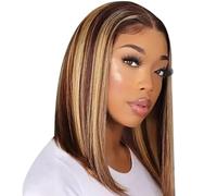 NIDONE Bob Wig - 12In Human Hair Straight Short C-Shaped Honey Blonde Side Part Wig With Glueless & Adjustable Straps