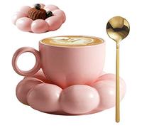 NIDONE Ceramic Coffee Mug with Spoon Travel Sunflower Cloud Mug with Saucer 200ML Afternoon Tea Cup for Latte, Cappuccino Pink,Cloud Mug,Tea Cup and Saucer Set