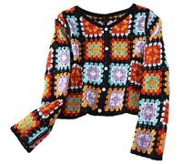 NIDONE Crochet Top, Knit Crochet Tops for Women, Button Down Long Sleeve V Neck Cardigan Sweaters Hollow Out Jumper Cover Up Floral Sweater, Tops for Women Black