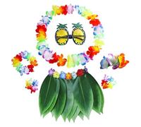 NIDONE Hula Leaf Skirt with Flower Leis, 7Pcs/Set Hawaiian Grass Skirt with Pineapple Sunglasses, Hair Clip, Necklace, Hairband and Wristband, Luau Outfits for Women, Girls, Summer Party,Leaf Skirt