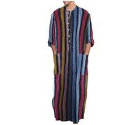 NIDONE Muslim Robe Men Full Body Long Sleeve Striped Arab Robe with 2 Side Pocket Button Closure Cotton Men Middle East Ramadan Muslim Clothes Red