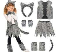 NIDONE Wolf Costume Set, 6Pcs Kids Werewolf Costume, Includes Ears Tail Tops Skirts Gloves Leg Warmers Cosplay Party Dress Up, Grey