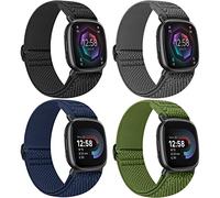Nidoujin Elastic Bands Compatible for Fitbit Versa 4/Fitbit Sense 2 Straps/Fitbit Versa 3/Fitbit Sense Bands Men Women, 4 Pack Adjustable Breathable Stretchy Nylon Loop Sports Replacement Wristband
