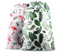 Nidoul 2 Pack XL Laundry Bags, Drawstring Closure Dirty Clothes Bag Organizer, Heavy Duty Large Laundry Bag, Durable Rip-Stop Bags for Camp Travel, Machine Washable 24" x 36" (Flamingo + Green Leaves)