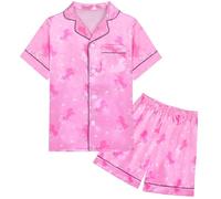 Nidoul Satin Pajamas for Girls Short Sleeve Button Down Silky Pjs Girls' Sleepwear Set Unicorn Nightwear for Toddler Kids Size 7-8 Pink