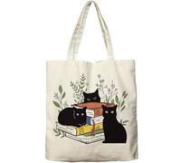 NIEBYI Black Cat Canvas For Women Aesthetic Cute Cat Floral Shopping Grocery Bag Beach Bag Gifts for Women Teacher Bag Reusable Grocery