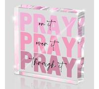 NIEBYI ink Inspirational Decor Pray Over It Bible Verse Wall Art Christian Gifts for Women, 4x 4 Inches Office Desk Accessories Decor Sign, Pink Dorm Room Decor for Women - Pray on it Pray through it