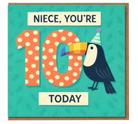 Niece 10th Birthday Card - Toucan Party Hat with Polka-Dot 10 - 'Niece, You're 10 Today'