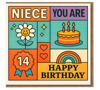 Niece 14th Birthday Card - Colourful Retro Blocks with Cake, Rainbow, Hearts and Rosette - 'You Are' and 'Happy Birthday' Message - Cute Teen Niece Card