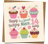 Niece 14th Birthday Card - Cute Cupcake Design - 145mm Square Greeting Card with Kraft Envelope - Happy Birthday To a Special Niece