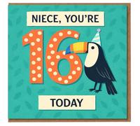 Niece 16th Birthday Card - Toucan Party Hat with Polka Dot 16 and Teal Leafy Background - 'Niece, You're 16 Today'