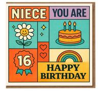 Niece 16th Birthday Card - You Are 16 Happy Birthday Design with Rainbow, Cake, Hearts and Daisy - Cute Retro Card for Teen Niece