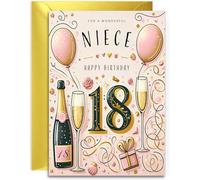 Niece 18th Birthday Card - Champagne and Balloons design - Elegant Birthday Card for Her Age 18 with lovely verse inside. A5 with Gold Envelope