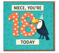 Niece 18th Birthday Card - 'Niece, You’re 18 Today' with Toucan Party Hat, Colourful Polka Dot 18, Cute Fun Design