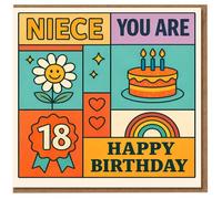 Niece 18th Birthday Card - Retro Colourful Blocks with Cake, Rainbow, Hearts and Smiling Flower - Text: 'NIECE YOU ARE 18 HAPPY BIRTHDAY'