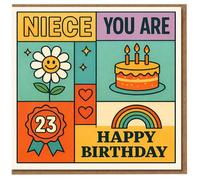 Niece 23rd Birthday Card - Colourful Retro Block Design with Cake, Rainbow, Daisy and Hearts - 'Niece You Are 23 Happy Birthday'