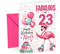 Niece 23rd Birthday Card Flamingo on Roller Skates & Balloons | Large A5 Card with Printed Inside Message; Playful flamingo-on-roller-skates with pastel balloons for Niece 23rd Birthday