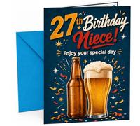 Niece 27th Birthday Card Beer Bottle & Pint Confetti | Large A5 Card with Printed Inside Message; Bright blue confetti with a beer bottle and foaming pint for Niece 27th Birthday