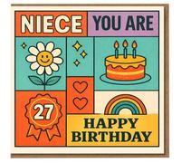 Niece 27th Birthday Card - Retro Colourful Blocks with Cake, Daisy, Hearts & Rainbow - 'NIECE YOU ARE HAPPY BIRTHDAY'