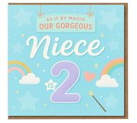 Niece 2nd Birthday Card - As If By Magic Our Gorgeous Niece Is 2 - Cute Rainbow, Stars and Wand Design