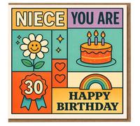 Niece 30th Birthday Card - Retro Colourful Blocks with Cake, Rainbow, Daisy and Hearts - 'NIECE YOU ARE' 'HAPPY BIRTHDAY' Rosette 30 Design