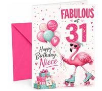 Niece 31st Birthday Card Flamingo on Roller Skates & Balloons | Large A5 Card with Printed Inside Message; Cheerful flamingo-on-roller-skates with balloons for Niece 31st Birthday